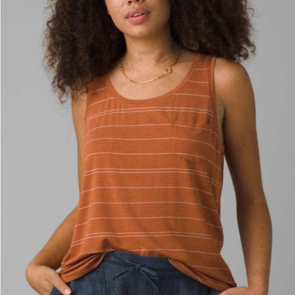 (B20) prAna Copper Heather Stripe Foundation Pocket Scoop Neck Tank, Size M, NWT